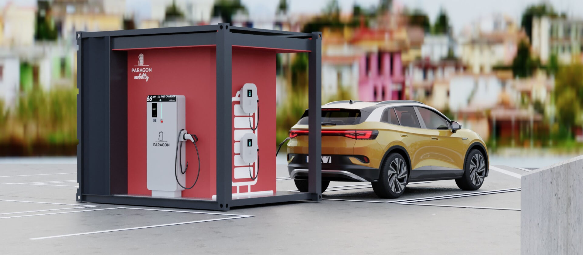 The DC Nano Pod with two times 22 kW AC and two times 66 kW DC charging stations.