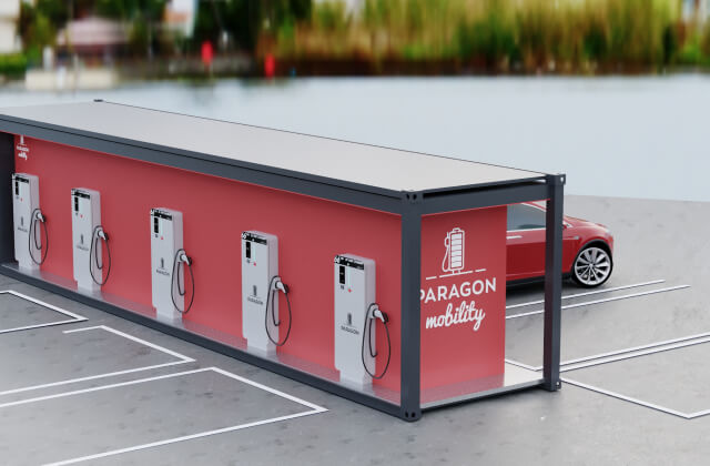 The Pod, mobile charging station, 40ft, with up to eight 66 kW DC charging stations.