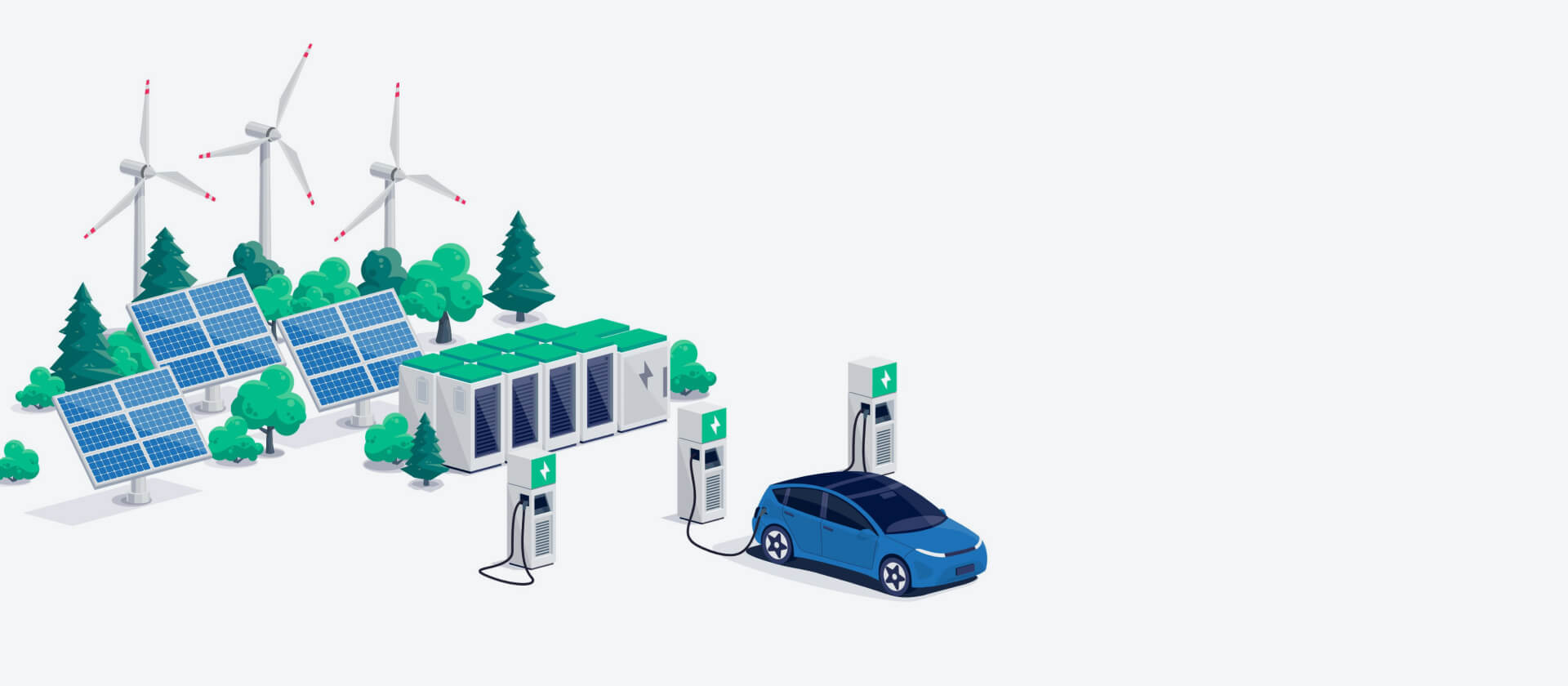 Paragon Mobility vision. A smart energy ecosystem, where electric vehicles are powered by renewable energies and surplus production is stored in battery storage units to balance the grid.